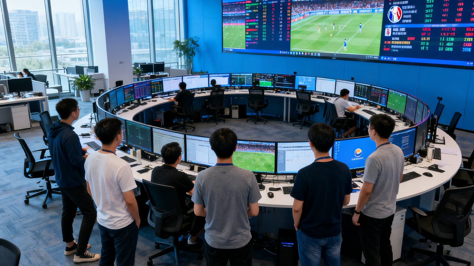 3377体育北京总部开放式办公环境，编辑团队正在环绕式大屏幕前监测全球赛事数据，墙面上实时跳动着来自世界各地的比分更新