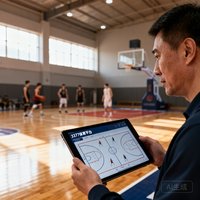职业篮球教练王建军在训练场边使用平板电脑通过3377体育平台分析对手战术数据